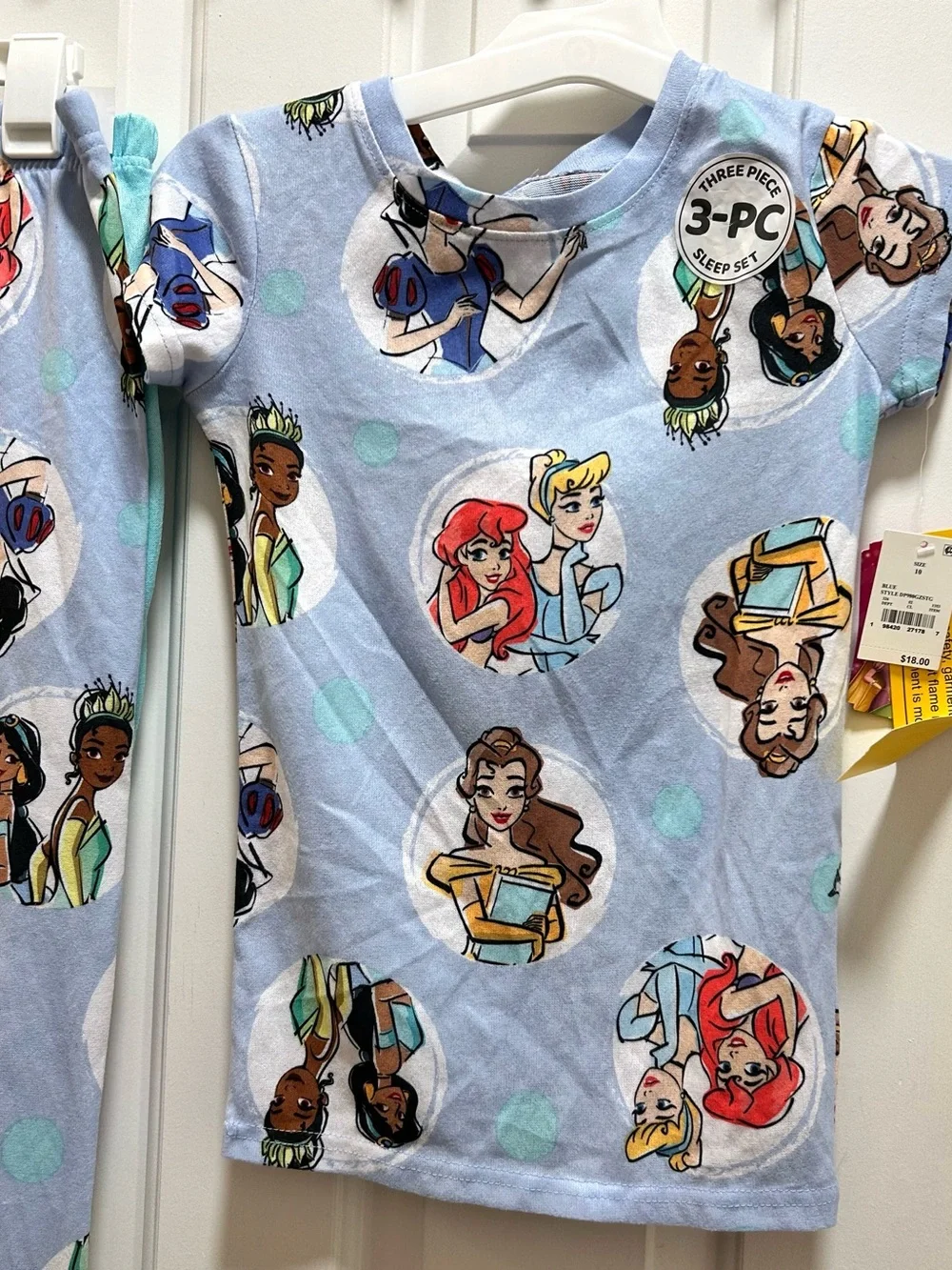 Girls' Disney Princess 3pc Pajama Set - Blue Crew Neck, Jersey Fabric Size 10